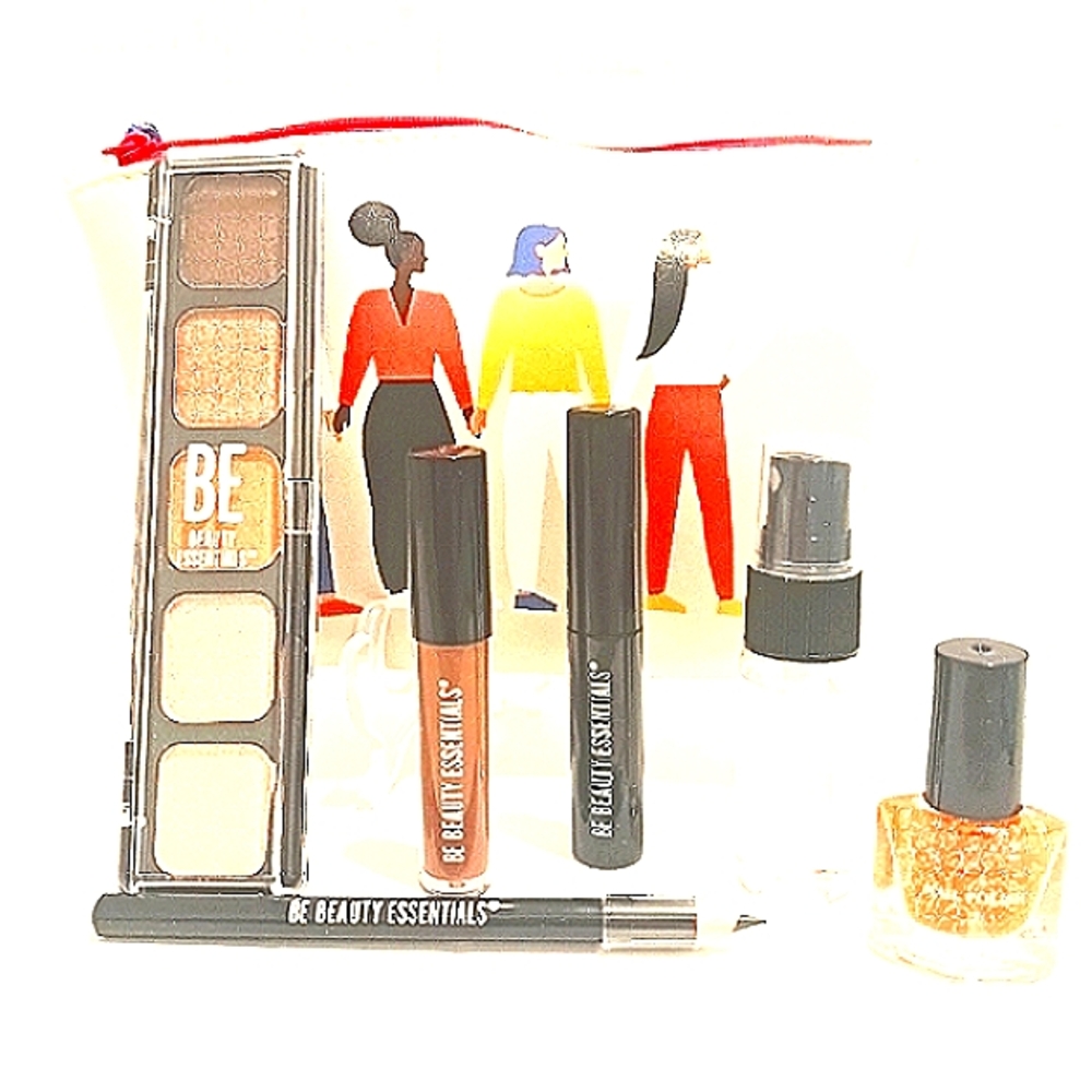 NWT BE BEAUTY SECRETS SHIMMER & SHINE 6PC LIP & EYE KIT WITH COSMETIC BAG